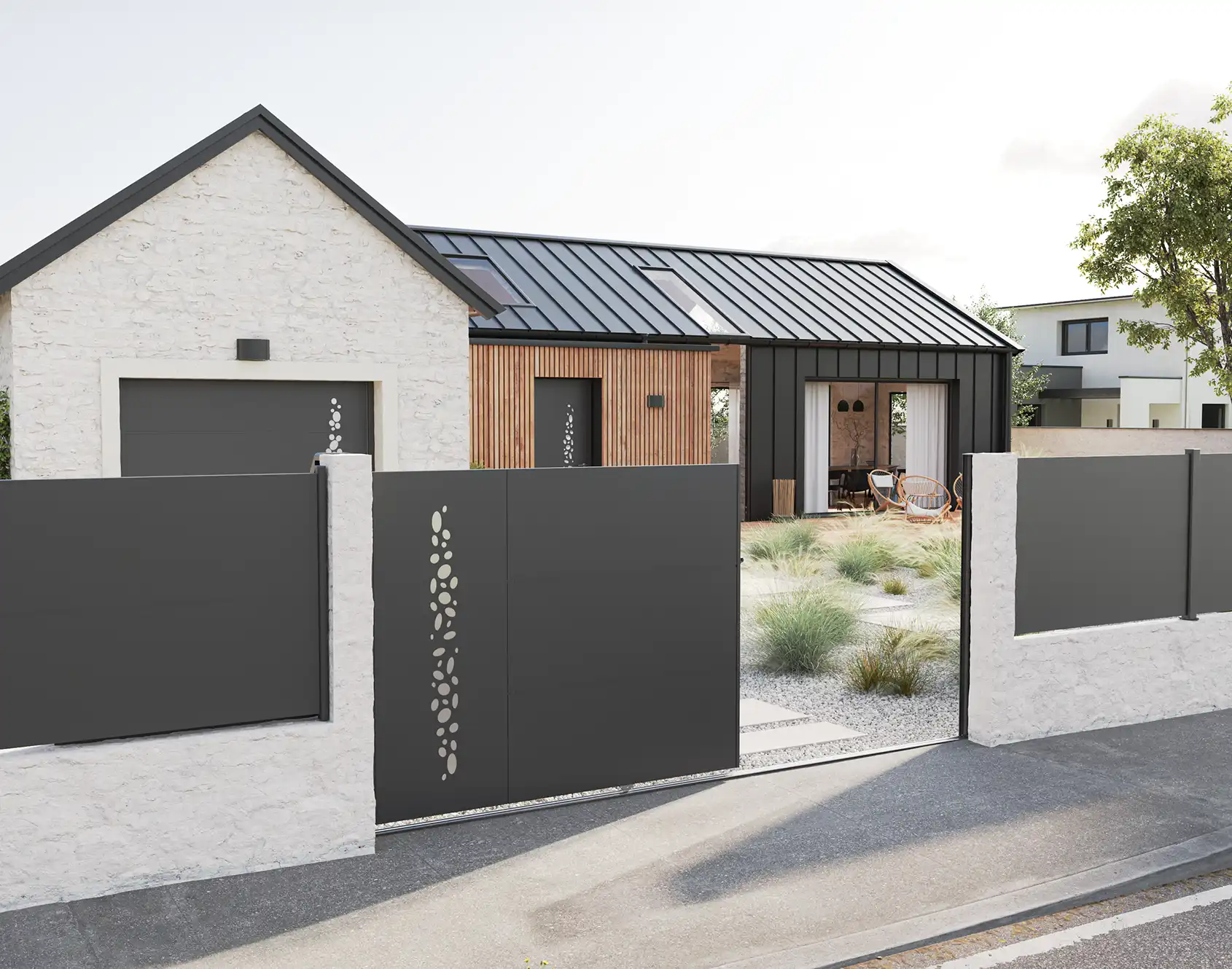 Portail coulissant aluminium tôlé Écume - Kostum design coordonne Bel'M et Novoferm